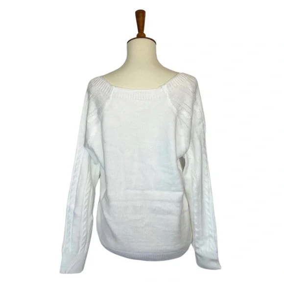 White Wide Neck Knit Pullover Sweater with Button Detail - Picture 12 of 16